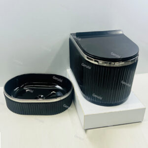 Black Fluted Surface with Sliver Decoration Wall Mounted Water Closet Ceramic Table Top Oval Shape Washbasin Bathroom Sanitary Ware Set