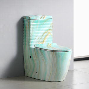 Ceramic One-Piece Floor Mounted Toilet Sink Set Green Marble Painting Design Standing Floor Mount Glazed Finish Round Bathroom Toilet Commode