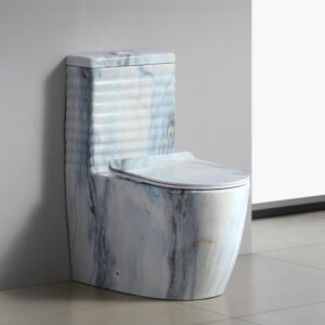 Ceramic One-Piece Floor Mounted Toilet Sink Set Blue Marble Painting Design Standing Floor Mount Glazed Finish Round Bathroom Toilet Commode