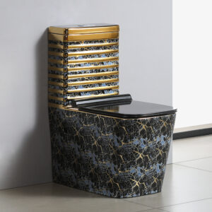 Luxury Marble Colored Golden Edge One-Piece Floor Mounted Toilet Sink Set Standing Floor Mount Bathroom Square Toilet Commode