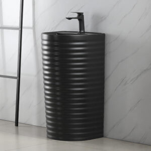 All Black Bathroom Fixture 3D Wavy Fluted Freestanding Floor Mounted Commode Ceramic Pedestal Basin Sinks for Bathroom