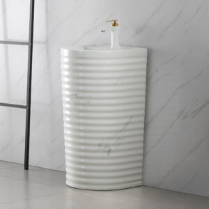 Design Marble-Patterned Bathroom Accessories 3D Wavy Fluted Freestanding Floor Mounted Ceramic Pedestal Basin Sinks for Hotel