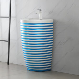 Blue Electroplated Stripes Standing Basin Lavabo Floor Mounted Bathroom Sink Line Pattern Ceramic Hand Wash Basins