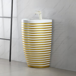 Contemporary Golden Stripe Standing Basin Lavabo Floor Mounted Bathroom Sink Gold Line Pattern Ceramic Hand Wash Basins