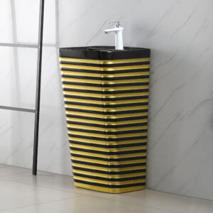 Fashionable Black and Gold Alternating Ceramic Integrated Ground Mounted Square Washbasin Single-Hole Faucet Mount for Bathroom