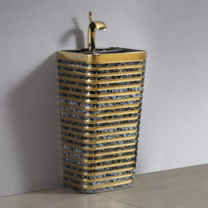 Fashionable Marble Style Black and Gold Alternating Ceramic Integrated Ground Mounted Square Washbasin Single-Hole Faucet Mount for Bathroom