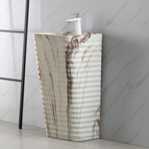 Splashed-ink Style Integrated Ground Mounted Square Washbasin Fluted Design Pedestal Sink Marble Colored Basin Bowl for Bathroom