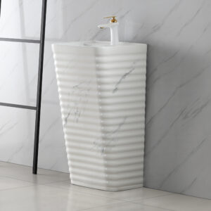 White Glazed Ceramic Marble Design Integrated Ground Mounted Square Washbasin Single-Hole Faucet Mount for Bathroom Hotel Villa