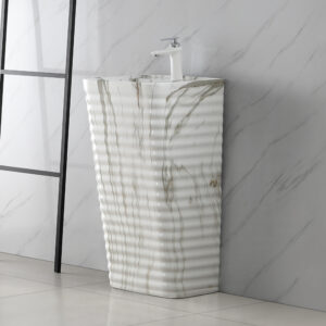 Splashed-ink Style Integrated Ground Mounted Square Washbasin Fluted Design Pedestal Standing Sink Basin Bowl for Bathroom