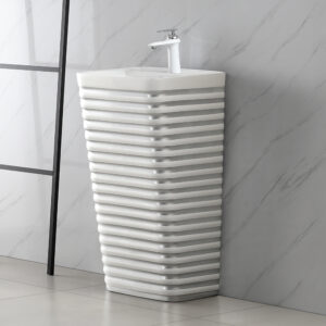 Silver Electroplated Integrated Ground Mounted Square Washbasin Fluted Design Pedestal Sink Basin Bowl for Bathroom