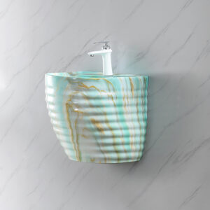 Hot Sale Design Striated Wall Hung Basin Lavabo Wall Mount Bathroom Sink Green Marble Type Ceramic Hand Wash Basins