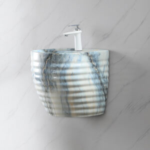 Modern Design Striated Wall Hung Basin Lavabo Wall Mount Bathroom Sink Blue Drawing Decoration Ceramic Hand Wash Basins