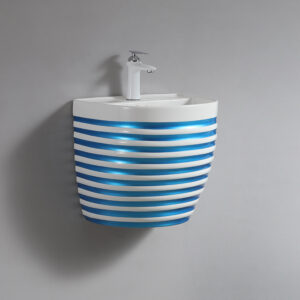 Modern Design Shinning Blue Striated Wall Hung Basin Lavabo Wall Mount Bathroom Sink Decorated Ceramic Hand Wash Basins
