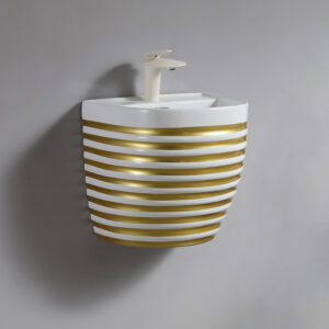 Contemporary Golden Stripe Wall Hung Basin Lavabo Wall Mount Bathroom Sink Gold Line Pattern Ceramic Hand Wash Basins