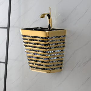 Elegant Lavatory Sink Golden Design Marble Pattern Basin Wall Hung Glazed Finish Durable Rectangle Bathroom Washroom Sink