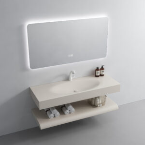 Customized Color Integrated Matt Khaki Rock Slab Basin Double Layer Sink Wall Hung Bathroom Vanity Washbasin Cabinet