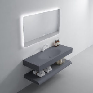 Customized Color Integrated Dark Grey Rock Slab Basin Double Layer Sink Wall Hung Bathroom Vanity Washbasin Cabinet