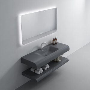Luxury Wall Mount Floating Cabinet Sink Artificial Stone Black Grey Marble Wash Basin Arc Corner Bathroom Vanity With Mirror