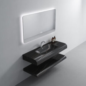 Premium Modern Black Gold Marble Color Wall Mount Floating Cabinet Sink Artificial Stone Wash Basin Arc Corner Bathroom Vanity