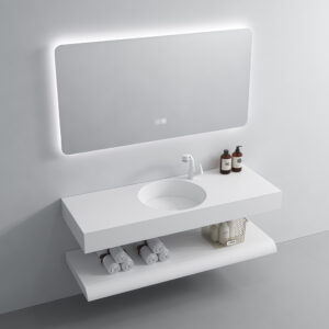 Premium White Wall Mount Floating Cabinet Sink Artificial Stone Round Under Counter Wash Basin Simple Design Bathroom Vanity