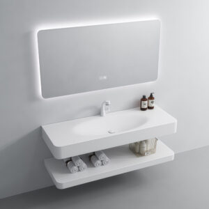 Premium White Wall Mount Floating Cabinet Sink Artificial Stone Hot Bending Integrated Wash Basin Simple Design Bathroom Vanity