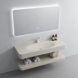 Customized Color Wall Mounted Floating Cabinet Sink Khaki Artificial Stone Hot Bending Integrated Wash Basin Design Bathroom Vanity
