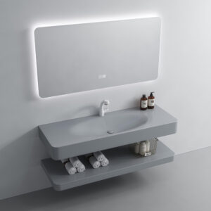 Light Grey Wall Mounted Floating Cabinet Sink Colorful Artificial Stone Hot Bending Integrated Wash Basin Design Bathroom Vanity