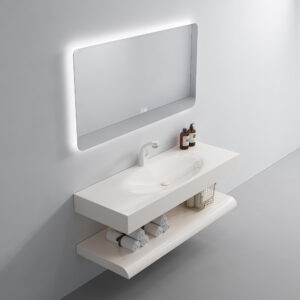 Wall Mounted Floating Cabinet Sink Artificial Stone Hot Bending Integrated Wash Basin Marble Design Bathroom Vanity