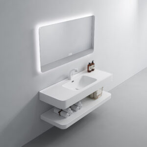 Popular Design Wall Mounted Floating Cabinet Double Layer Sink White Artificial Stone Wash Basin Bathroom Vanity