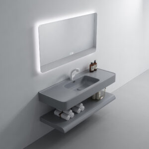 Morandi Grey Solid Surface Sink Bathroom Vanity with LED Ceramic Washbasin and Rock-Slab Stone Cabinet for Home or Hotel Use