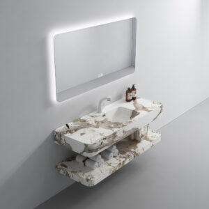 Artificial Stone Wash Basin Marble Design Wall Hung Floating Cabinet Double Layer Sink Durable Easy Clean Bathroom Vanity