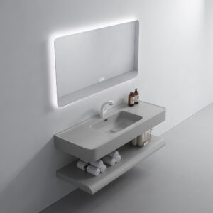 Modern Grey Solid Surface Sink Bathroom Vanity with LED Ceramic Washbasin and Rock-Slab Stone Cabinet for Home or Hotel Use