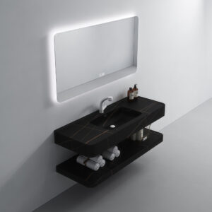 Black Golden Artificial Stone Wash Basin Marble Design Wall Hung Floating Cabinet Double Layer Sink Durable Bathroom Vanity