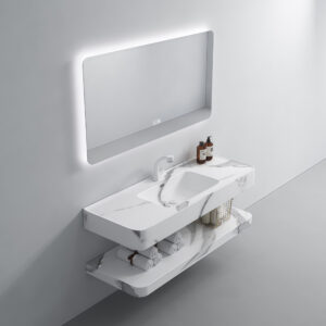 Easy Clean Artificial Stone Marble Pattern Wash Basin Wall Hung Floating Cabinet Double Layer Sink Durable Bathroom Vanity