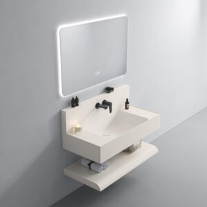 Eco-Friendly Simple Design Wall Hanging Household Style Khaki Color Bathroom Cabinet for Large-sized Apartment with Led Mirror