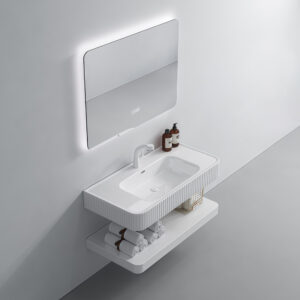 Hotel Project Modern Design Sintered Stone White Bathroom Cabinets with Sink Elegant Groove Fluted Surface Bathroom Vanity