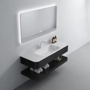 Hotel Project Design Sintered Stone Bathroom Cabinets with Sink and Faucet Elegant Black Groove Fluted Surface Bathroom Vanity