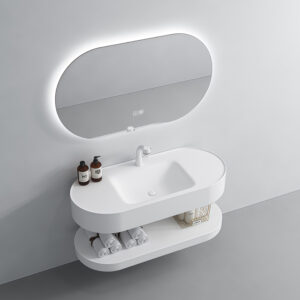 Artistic Design Bathroom Furniture Wall Hung Cabinet Integrated Washstand Basin Vessel Sink Floating Two Layer Rock Slate Oval Vanity