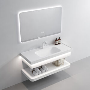 Hotel-Grade Double Vanity Sink Rectangular Rock Plate Bathroom Washbasin LED Light Water Resistant Classic Wall Hanging