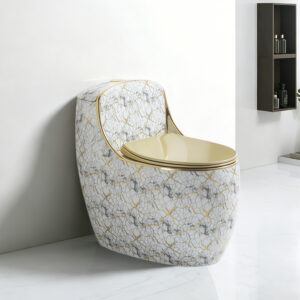 Popular Design White Marble Pattern with Gold Line Golden Cover Colored Water Closet Ceramic Modern One-Piece Floor Mounted Lavatory Set