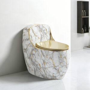 Luxurious Hotel One-Piece Bathroom Toilet Bowl Marble Colored Gold Electroplated Ceramic Water Closet with Golden Cover Floor Mounted Lavatory Commode