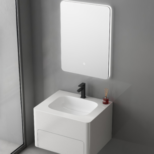 Modern Wall Hung Sintered Stone Vanity Sink Rectangular Rock Plate Bathroom Washbasin LED Mirror Water Resistant