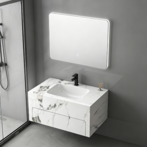 Modern Wall Hung Sintered Stone Vanity Sink Rock Plate Bathroom Washbasin LED Mirror Water Resistant Bathroom Furniture