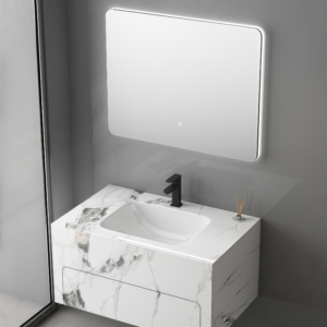 Modern Wall Hung Sintered Stone Vanity Sink Rock Plate Bathroom Washbasin LED Mirror Water Resistant Bathroom Furniture