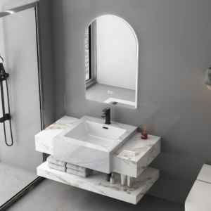 Double Layer Wall Hung Sintered Stone Vanity Sink Rock Plate Bathroom Washbasin LED Mirror Water Resistant Bathroom Furniture