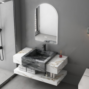 Popular Product Sintered Stone Vanity Sink Rock Plate Bathroom Washbasin LED Mirror Water Resistant Bathroom Furniture
