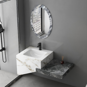 New Design Wall Mounted Sintered Stone Vanity Sink Rock Plate Bathroom Washbasin with LED Mirror Water Resistant Bathroom Furniture