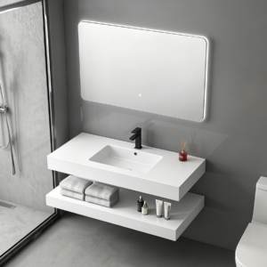 Minimalist Aet Wall Hanging Sintered Stone Vanity Sink Rock Slab Bathroom Washbasin with LED Mirror Durable Bathroom Furniture