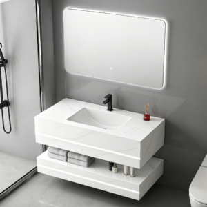 Minimalist Design Floating Double Layer Sintered Stone Vanity Sink Rock Slab Bathroom Washbasin with LED Mirror Durable Bathroom Furniture