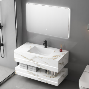 Art Design Floating Double Layer Sintered Stone Vanity Sink Rock Slab Bathroom Washbasin with LED Mirror Durable Sanitary Ware Unit